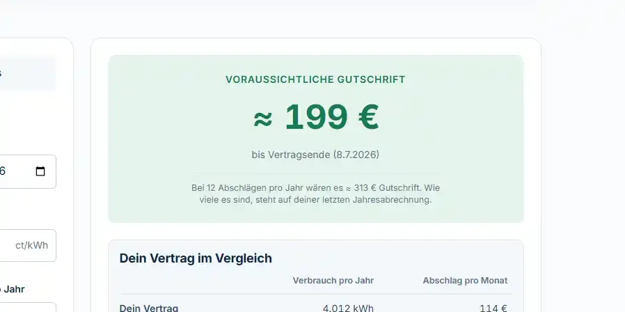 Ergebnisanzeige des Rechners mit den Zählerständen vom 8. März 2026 und einer voraussichtlichen Gutschrift von 199 Euro