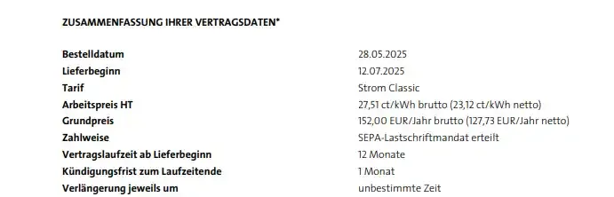 Ausschnitt aus dem Vertragsdokument mit Lieferbeginn, Arbeitspreis, Grundpreis und Laufzeit